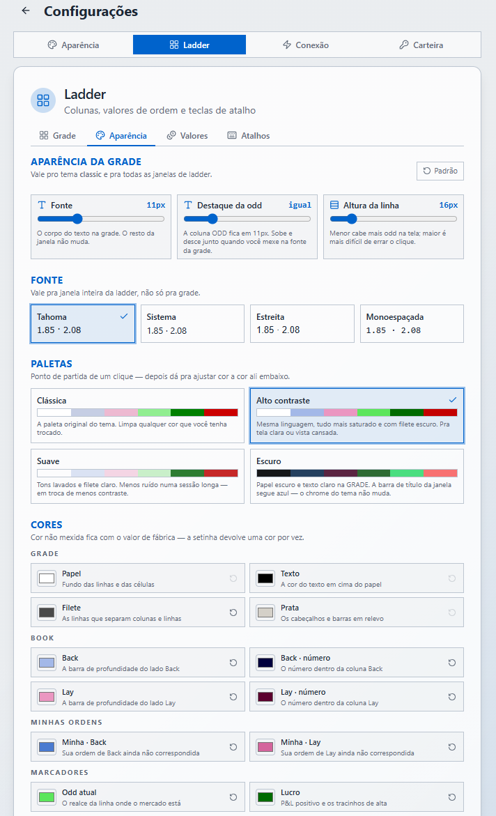 Configurações — Visual da Ladder